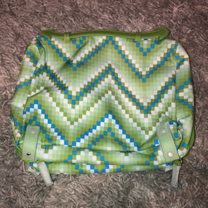 NWOT! Clinique zippered makeup bag - green, white & blue square chevron pattern